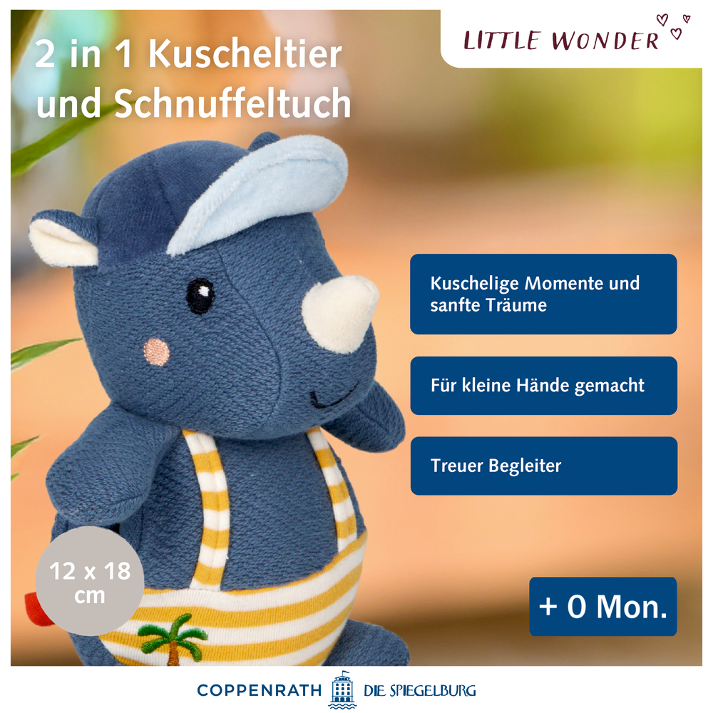 Plüsch-Nashornspielzeug mit Hut und gestreiftem Outfit, dient gleichzeitig als 2-in-1-Kuschelfreund und Schmusetuch.