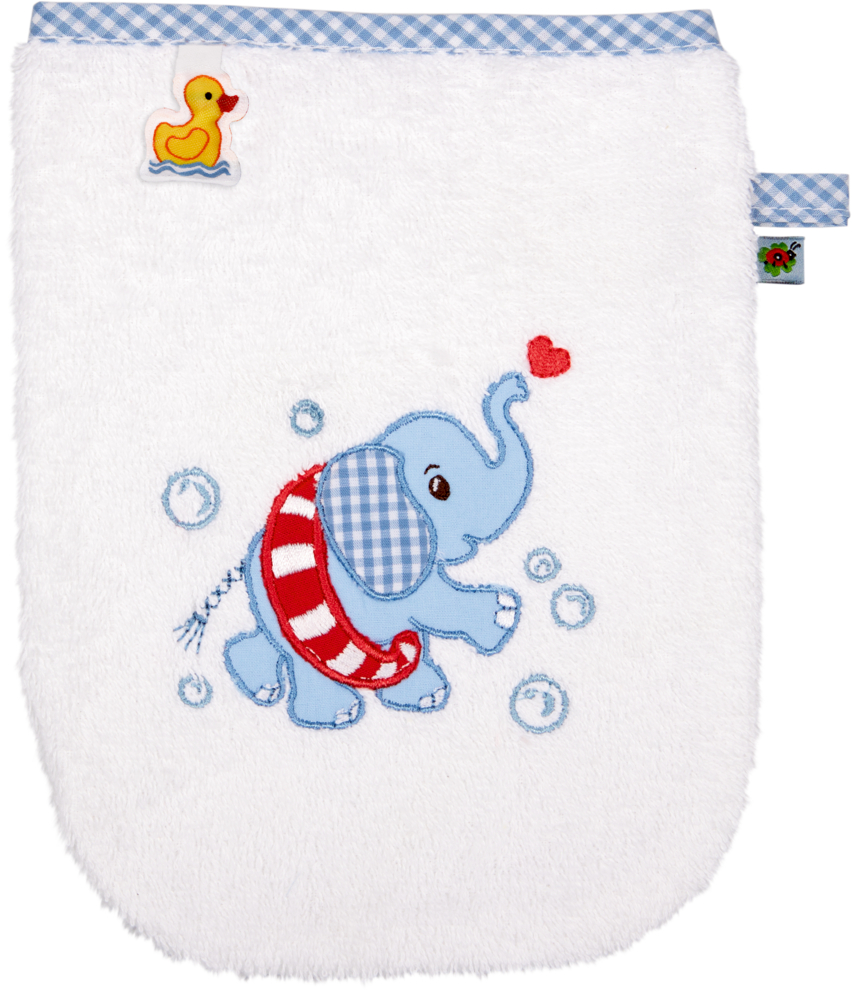 Waschhandschuh Elefant, hellblau - BabyGlück Weißer Babywaschhandschuh mit blauem Elefanten, rotem Herz, Blasen und gelbem Entenaufnäher in der oberen linken Ecke.