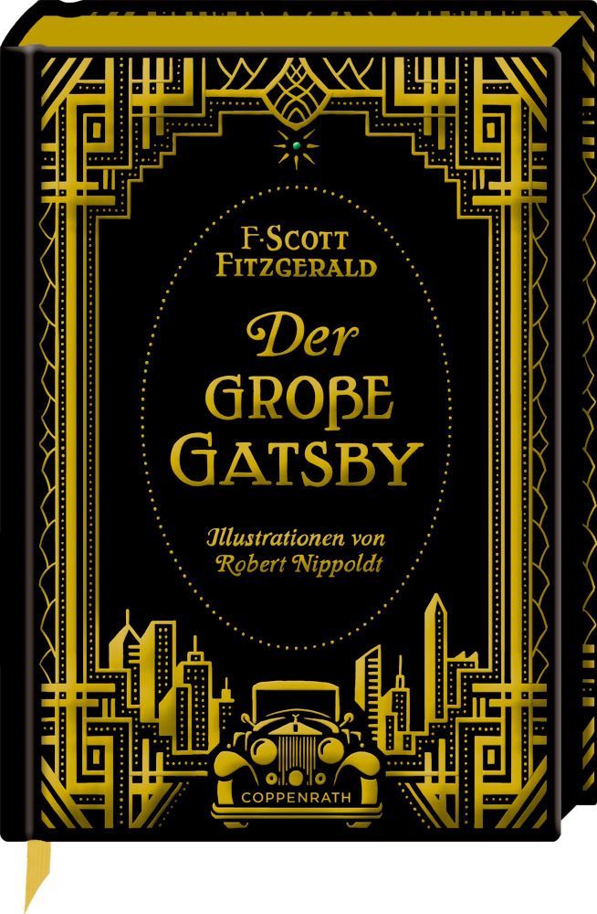 Große Schmuckausgabe (F. S. Fitzgerald): Der große Gatsby Buchcover: Der große Gatsby – Goldene Art-Déco-Verzierungen, Vintage-Auto-Illustration am unteren Rand des Buchcovers.