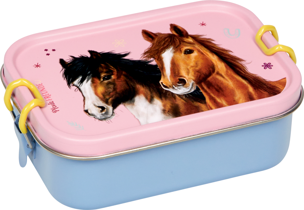 Blaue Lunchbox mit rosa Deckel, verziert mit Abbildungen von zwei Pferden.