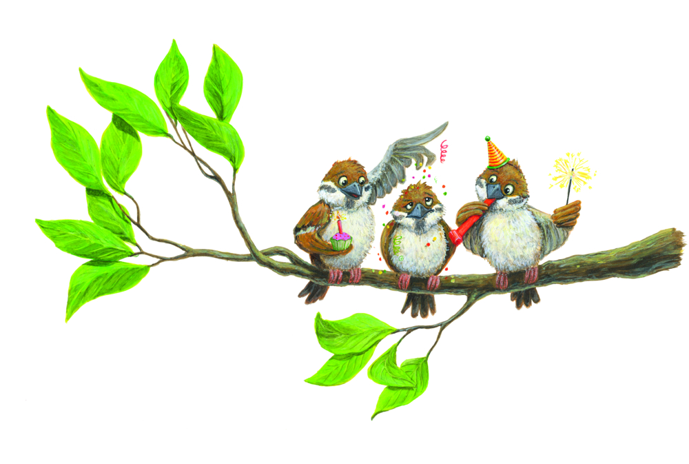 Illustration von Drei Spatzen mit Partyartikeln, die auf einem Ast sitzen.