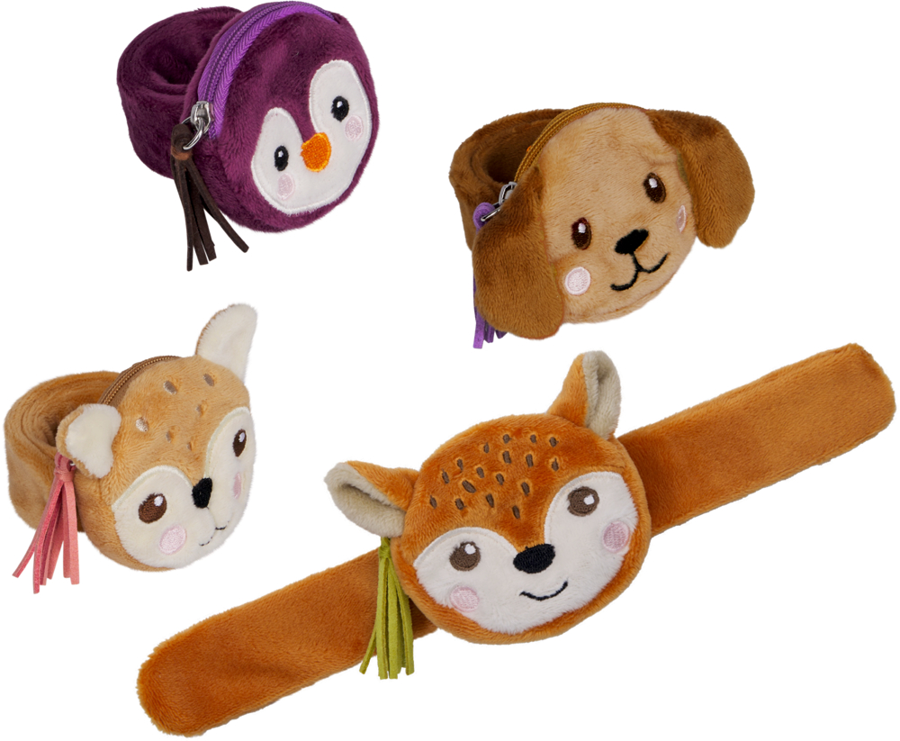 Vier Schnapparmbänder mit Fach in Form von Tiergesichtern von Pinguin, Hund, Reh und Fuchs in verschiedenen Farben.