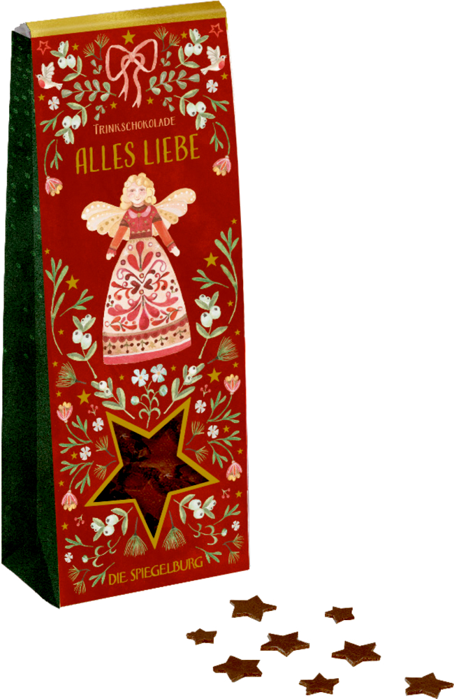 Rote Verpackung mit Engelsillustration und der Aufschrift „Alles Liebe“ zeigt sternförmige Trinkschokolade durch ein klares Fenster.
