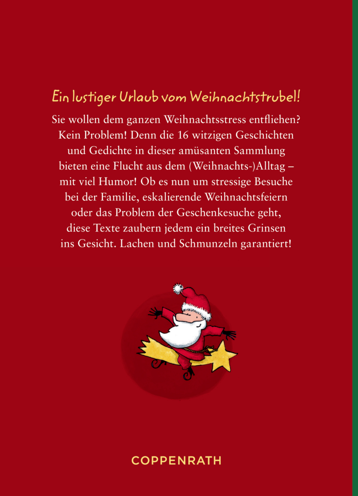 Rote Buchrückseite mit springendem Weihnachtsmann auf gelbem Stern und goldfarbener Aufschrift „Coppenrath“.