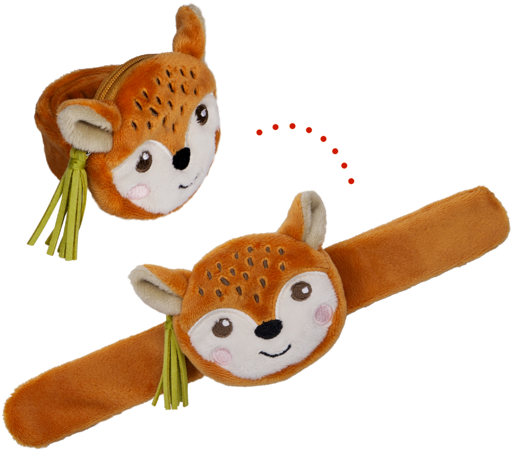 Braunes Schnapparmband mit Fach, Fuchs-Gesicht und grüner Stoffquaste, einmal aufgerollt und einmal ausgerollt dargestellt.
