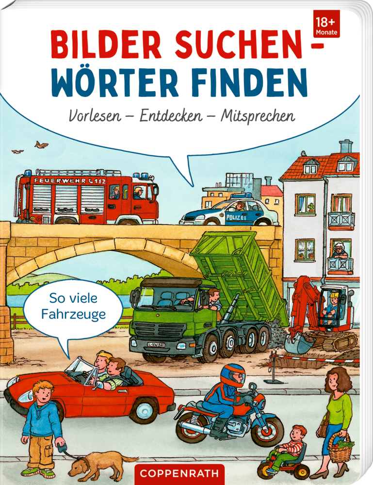 Bilder suchen - Wörter finden: So viele Fahrzeuge (BuchBONUS) Buchcover von "Bilder suchen - Wörter finden", mit Kinder die in einer belebten Stadt verschiedene Fahrzeuge wie Feuerwehrauto, Polizeiauto und Motorrad beobachten.