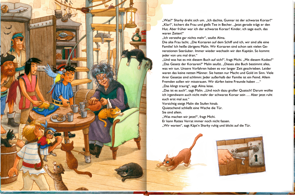 Schiffsszene: Kinder, Piraten und eine alte Frau sprechen in einem Raum voller Katzen.