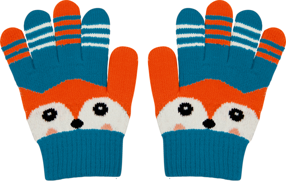 blau, Zauberhandschuhe - Wintertiere im Weihnachtswald (one size) Bunte Strickhandschuhe mit einem süßen Fuchsgesicht und blauen, orangefarbenen und weißen Mustern.