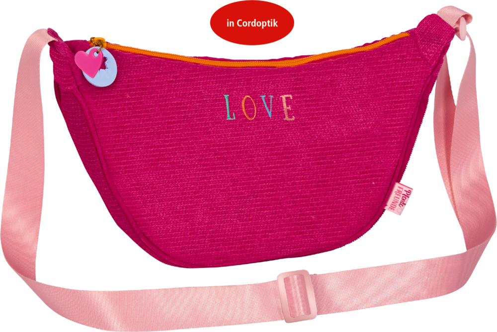 Leuchtend pinke Cordtasche mit „LOVE“-Schriftzug, rosa Riemen, orangem Reißverschluss und herzförmigem Schlüsselanhänger.