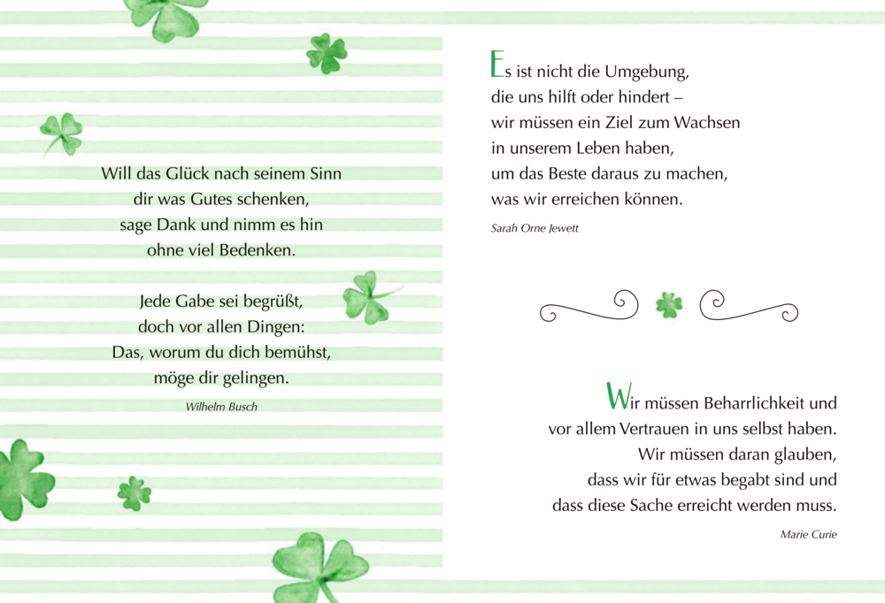 Zwei Seiten mit Zitaten in schwarzer Schrift auf grün-weiß gestreiftem Hintergrund mit mehreren grünen Kleeblättern.