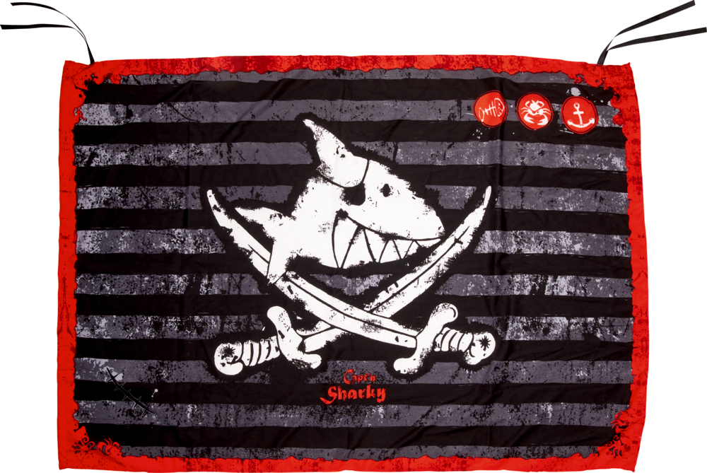 Piratenflagge - Capt'n Sharky Hai mit Augenklappe und gekreuzten Schwertern auf einer schwarzen Piratenflagge.