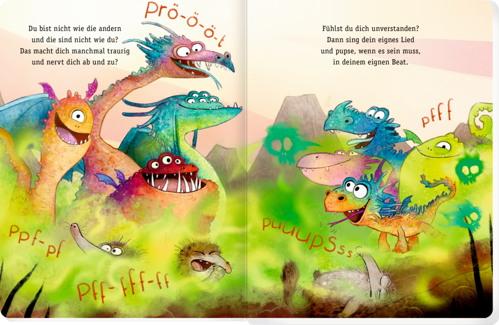 Bunte Cartoon-Drachen machen lustige Grimassen und Geräusche in einer fröhlichen Urzeit-Landschaft, Text erscheint über ihnen auf der Innenansicht.