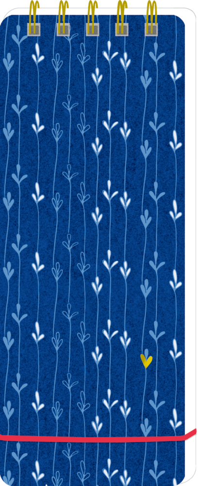 Blaues Spiralnotizbuch mit senkrechtem weißen Blumenmuster und einem kleinen gelben herzförmigen Blatt unten.