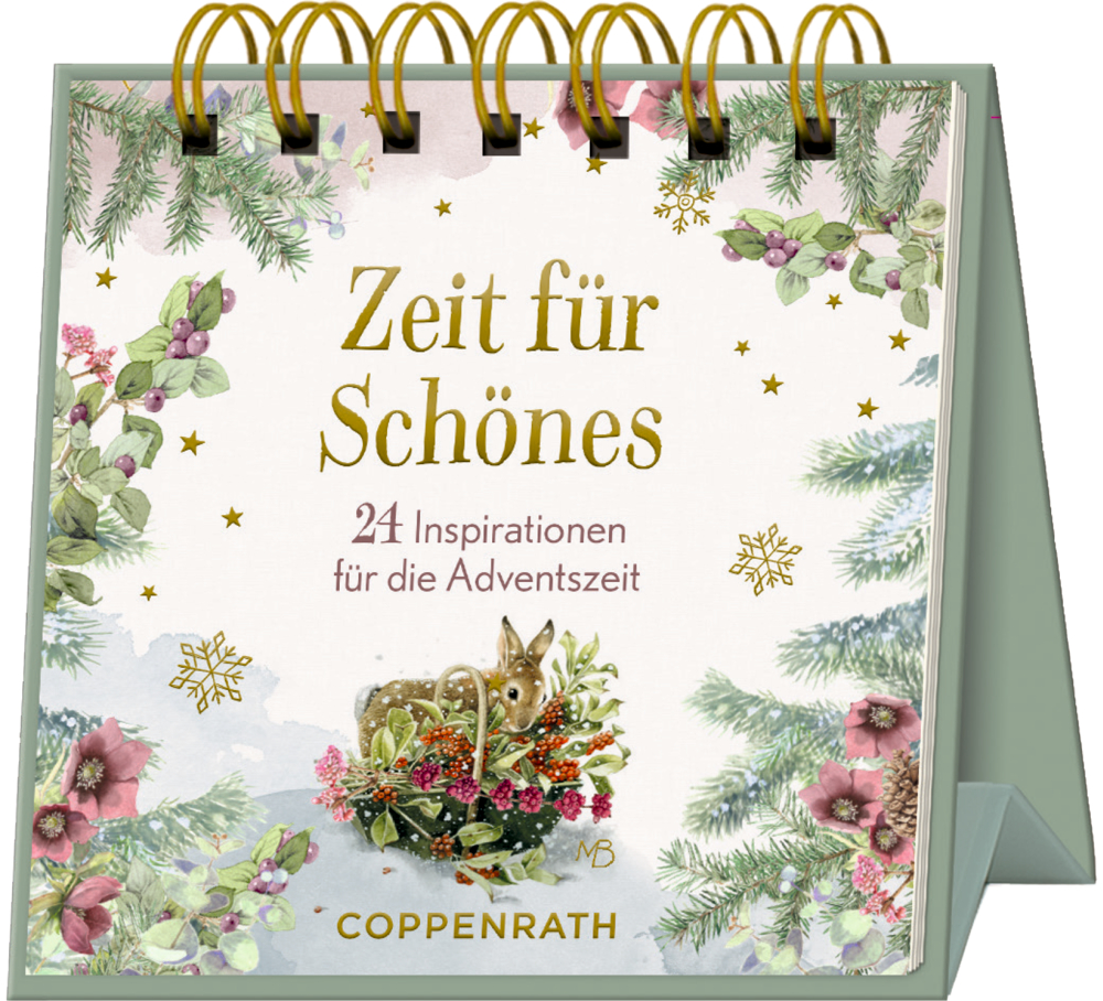 Tischkalender mit goldener Spiralbindung, floralen Motiven, Tannenzweigen und Reh in Winterkranz, Text „Zeit für Schönes – 24 Inspirationen für die Adventszeit“.