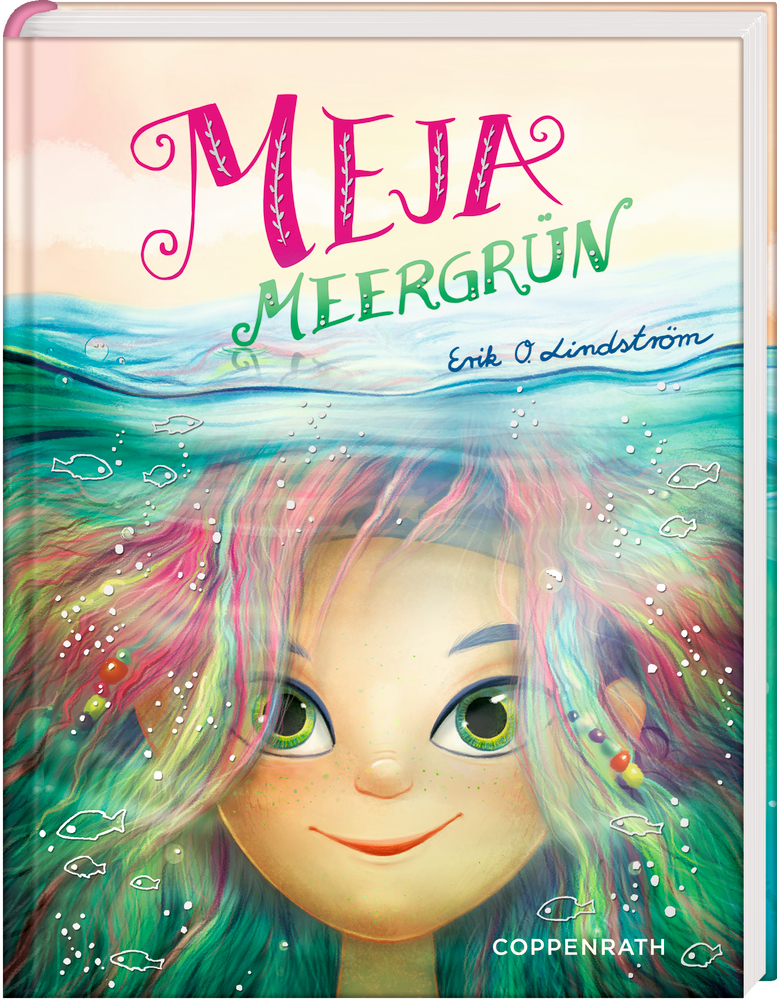 Meja Meergrün (Bd. 1) Buchcover: Lächelndes Mädchen mit buntem Haar unter Wasser, umgeben von kleinen Fischen und Grüntönen.