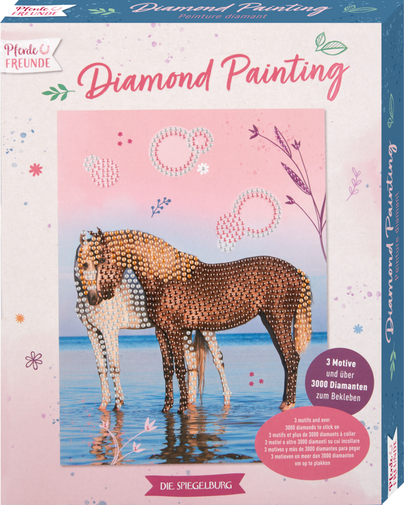 Diamond Painting - Pferdefreunde Diamant-Malset-Box mit zwei Pferden am Wasser auf einem rosa Hintergrund mit funkelnden Diamant-Akzenten.