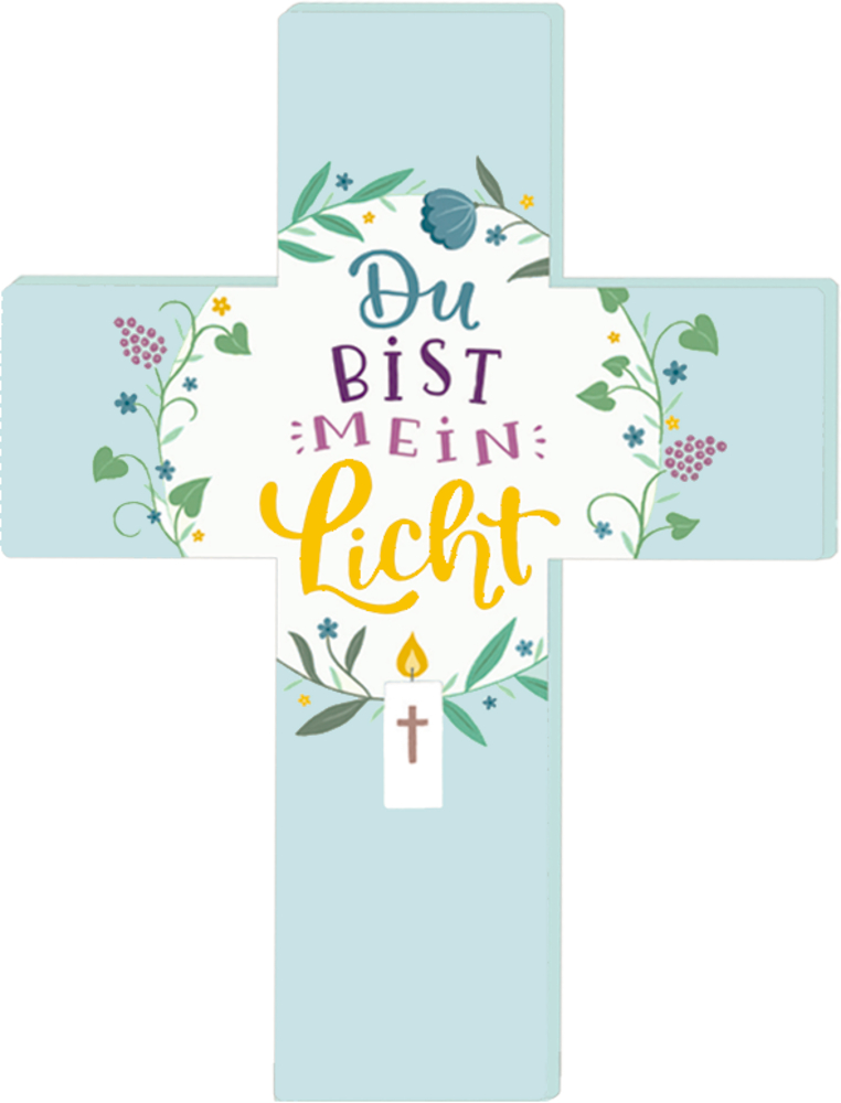 Aufstellkreuz - Du bist mein Licht Hellblaues Kreuz mit Blumenmuster, dem Text „Du bist mein Licht“ und einer Kerze.