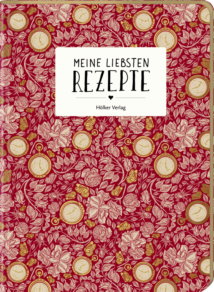Meine liebsten Rezepte - Einschreibbuch (Sherlock) Rot geblümter Rezeptbucheinband mit weißem Etikett mit der Aufschrift „Meine liebsten Rezepte“.