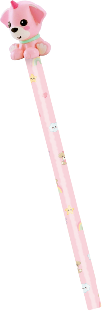 Rosa Bleistift mit Figurenmuster und Aufsatz in Form eines rosa Hundes mit Horn und grünem Halsband.