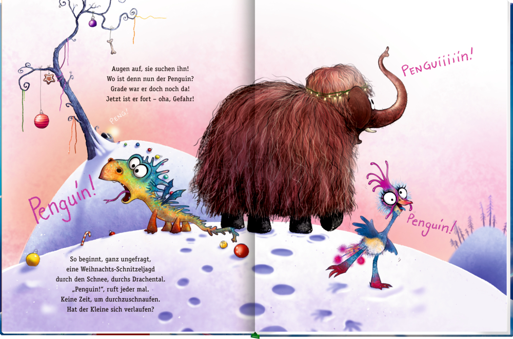 Ein Mammut, ein Drache und ein Huhn suchen im Schnee nach dem Pinguin, auf einer Doppelseite mit Text.