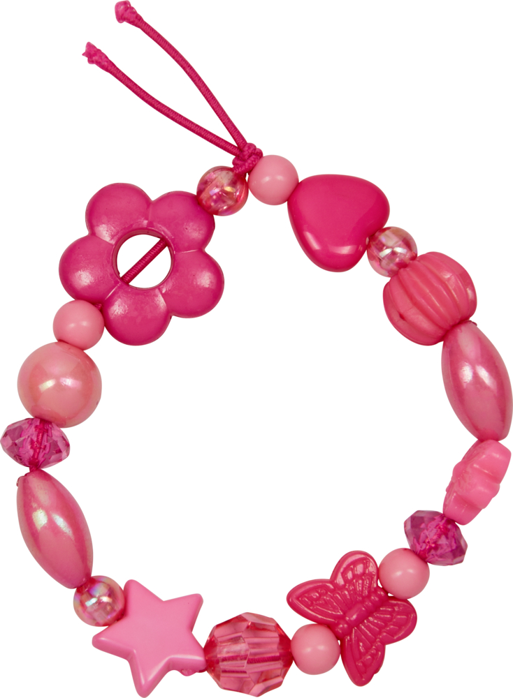 Pinkes elastisches Armband mit Perlen in Blumen-, Herz-, Stern- und Schmetterlingsform.