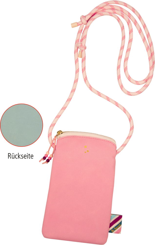 Rosa Handytäschchen mit Perlenreißverschluss, gestreiftem Riemen und einem Muster, das die graue Rückseite zeigt.
