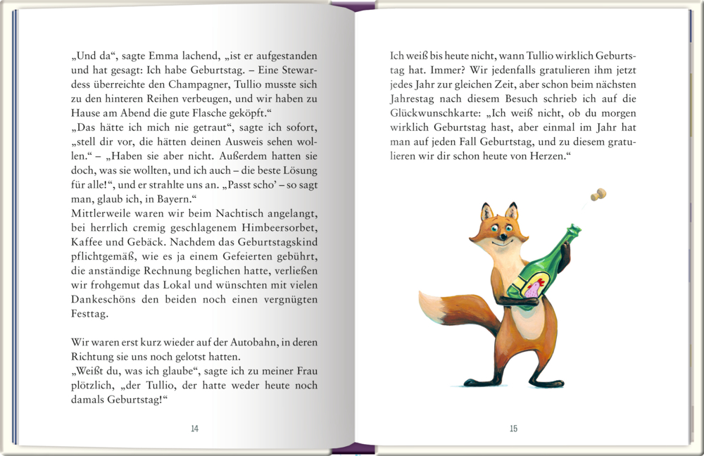 Ein illustrierter Fuchs mit einer Champagnerflasche steht neben offenen Seiten mit Text in einem Buch.