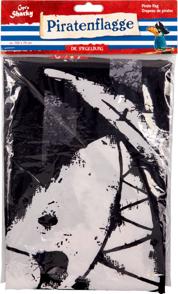 Schwarze Piratenflagge mit Haimotiv zusammengefaltet in Verpackung.