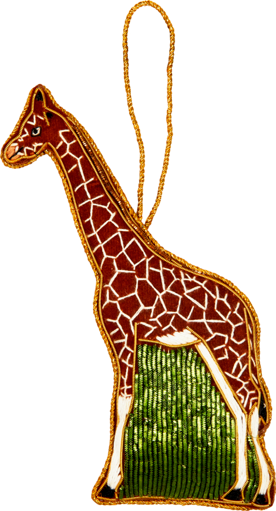 Goldbestickte Ziergiraffe mit Aufhängeöse, stehend auf grünem Pailletten-Hintergrund.