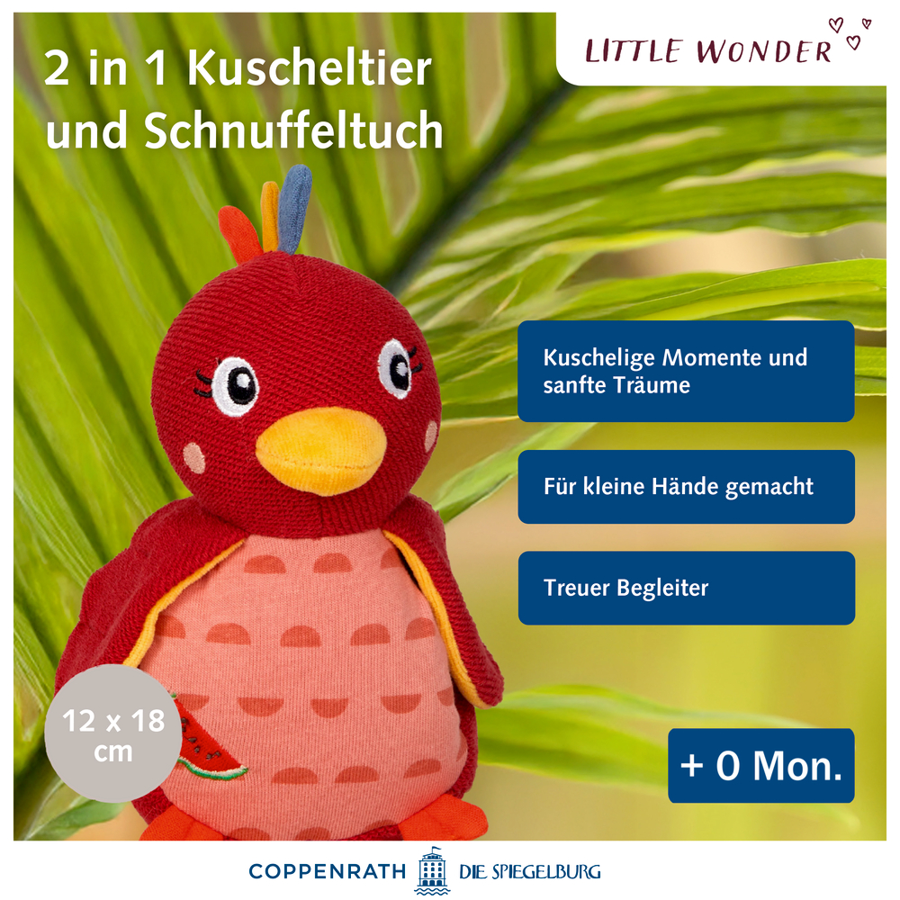 Roter Plüschvogel mit gelben Akzenten, konzipiert als Kuscheltier und Schmusetuch für Babys ab 0 Monaten.