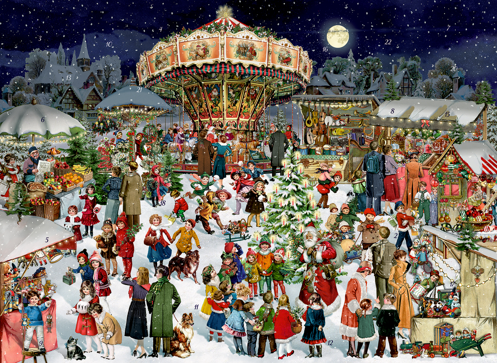 Weihnachtsmarkt bei Nacht mit Familien, Karussell, Tannenbaum, Ständen und Schnee.