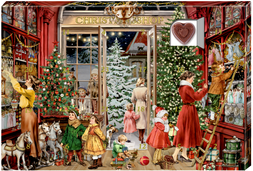 Weihnachtlich dekorierter Laden mit geschmücktem Baum, spielenden Kindern, Erwachsenen in Winterkleidung und geöffnetem Fenster mit Schokoladenherz.