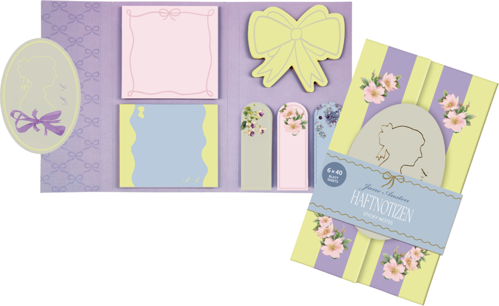Pastellfarbene Haftnotizen mit Blumen- und Silhouettenmuster auf violettem und gelbem Hintergrund.