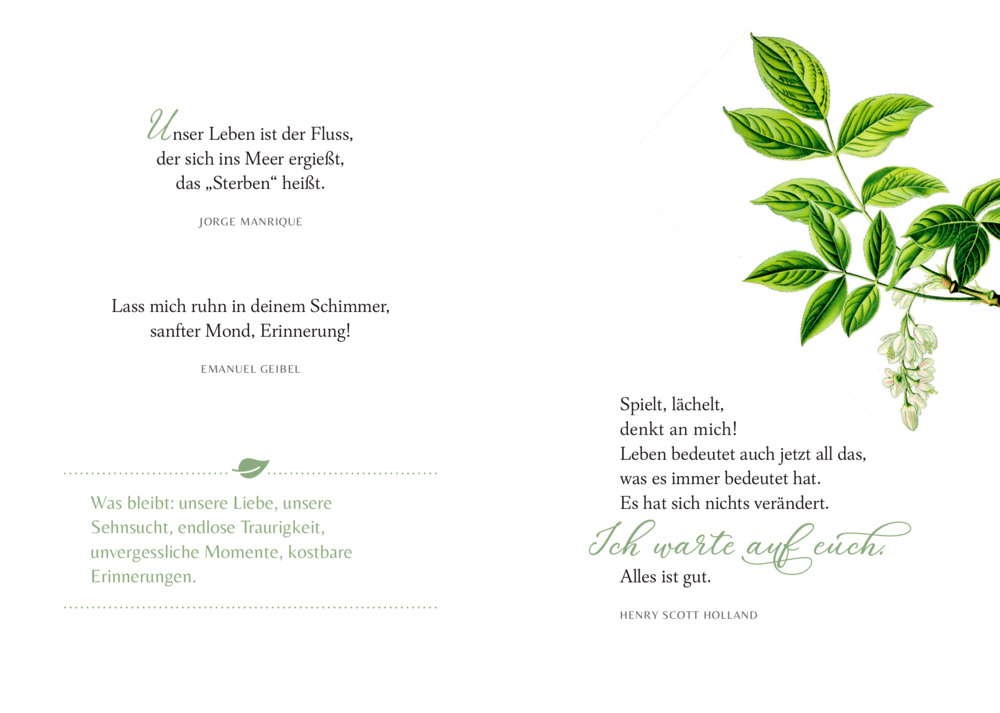 Zwei Seiten mit Trauergedichten und Zitaten, mit einer grünen Blattillustration auf der rechten Seite.