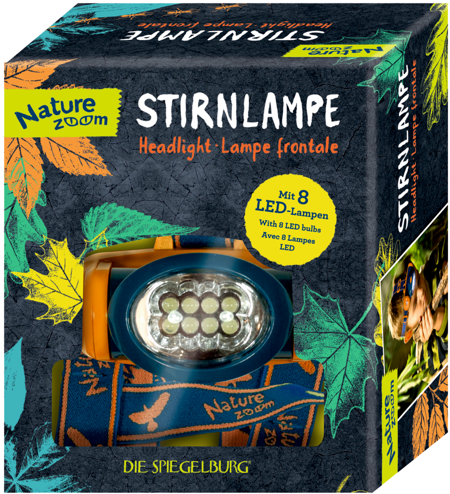 Nature Zoom 8-LED-Stirnlampe in einer bunten Box mit Blättermuster.