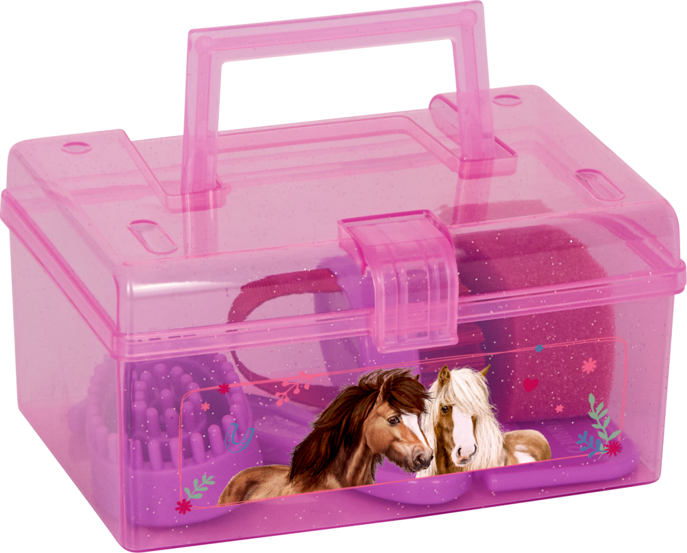 Mini-Putzzeug Pferdefreunde Rosafarbene Kunststoffbox mit Griff, Pferdeillustrationen und sichtbaren Pflegewerkzeugen im Inneren.
