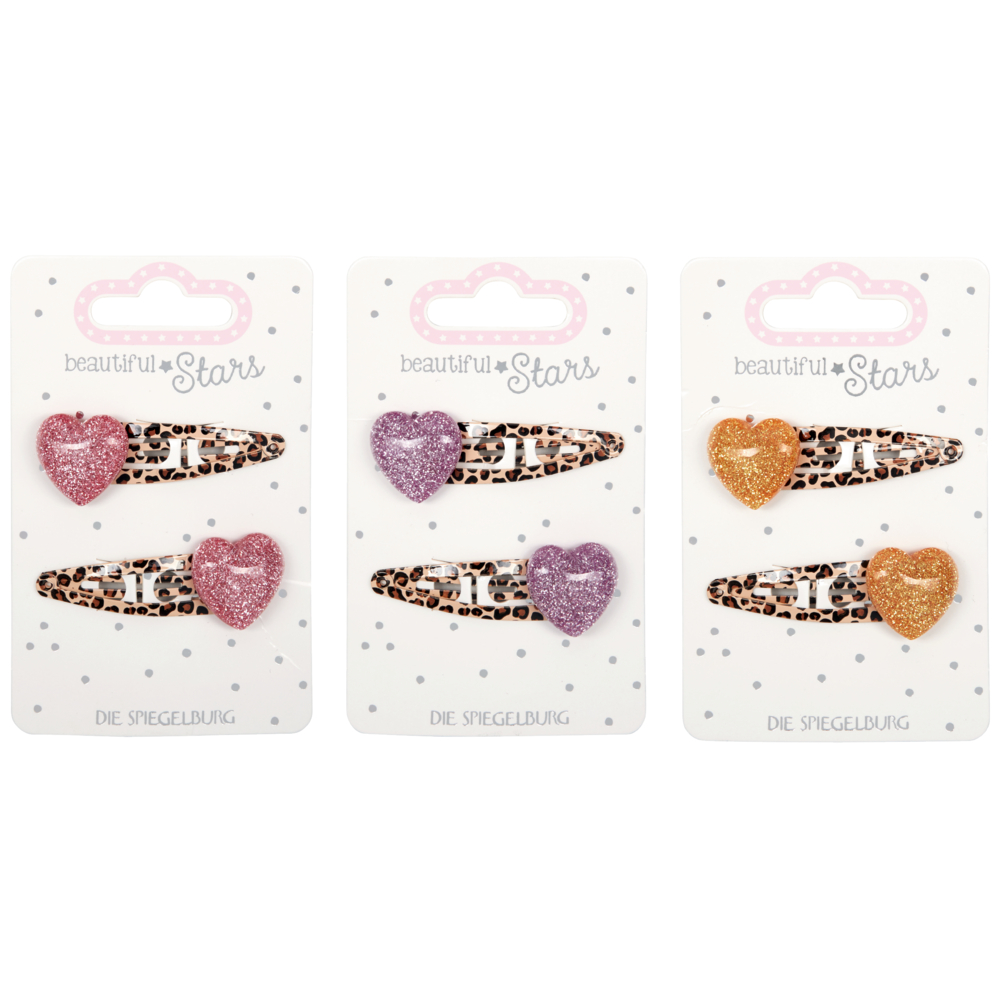 Haarclips Herz - beautiful Stars Drei verschiedene Sets mit jeweils zwei Haarspangen mit glitzernden Herz- und Leopardenmustern, präsentiert auf einer weißen Displaykarte.