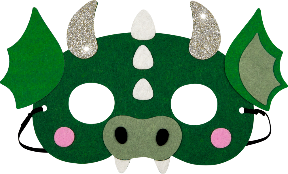 Grüne Drachenmaske mit Hörnern, Ohren, Nüstern und glitzernden Details. Maske zum Tragen.