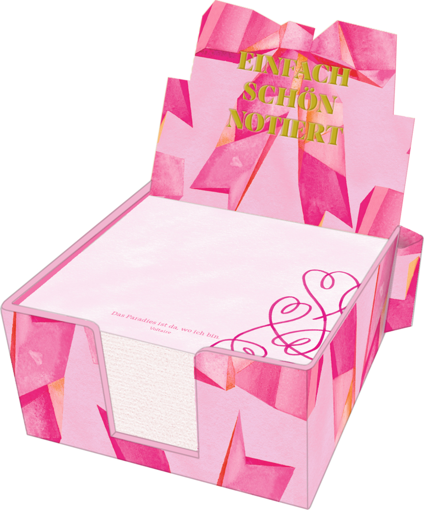 Zettelkästchen: Einfach schön notiert - All about pink Rosafarbener Notizblockhalter mit goldenem „EINFACH SCHÖN NOTIERT“-Schriftzug und Herzmuster auf dem oberen Blatt.