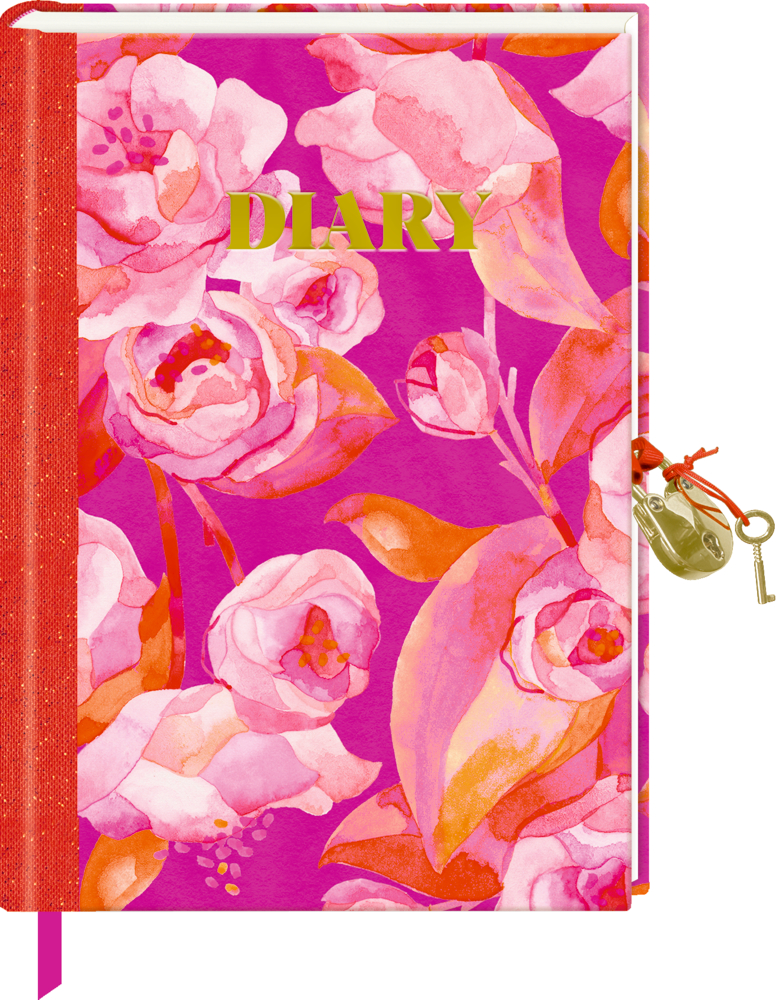 Tagebuch mit Schloss: Diary - All about pink Rosa Tagebuch mit goldener Aufschrift, rotem Rücken, Lesebändchen und Schloss mit Schlüssel.