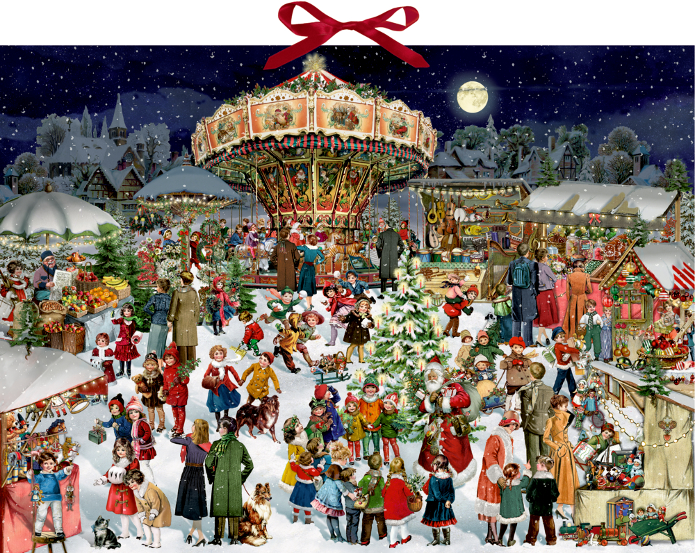 Nostalgisches Motiv eines belebten Weihnachtsmarkts mit Schnee, Karussell, Tannenbaum und winterlichen AktivitÃ¤ten bei Nacht.