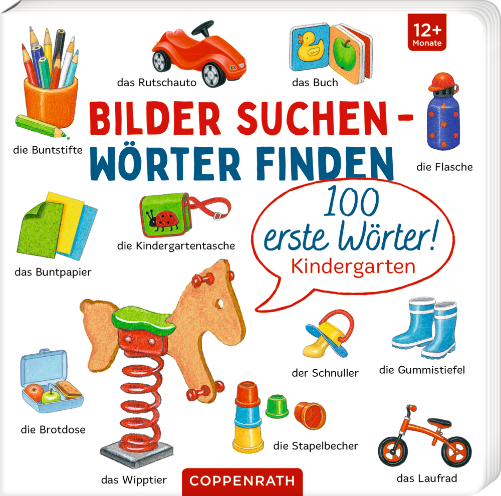 Bilder suchen - Wörter finden: 100 erste Wörter! Buntes Kinderbuchcover mit illustrierten Objekten, Titel „Bilder suchen – Wörter finden“.
