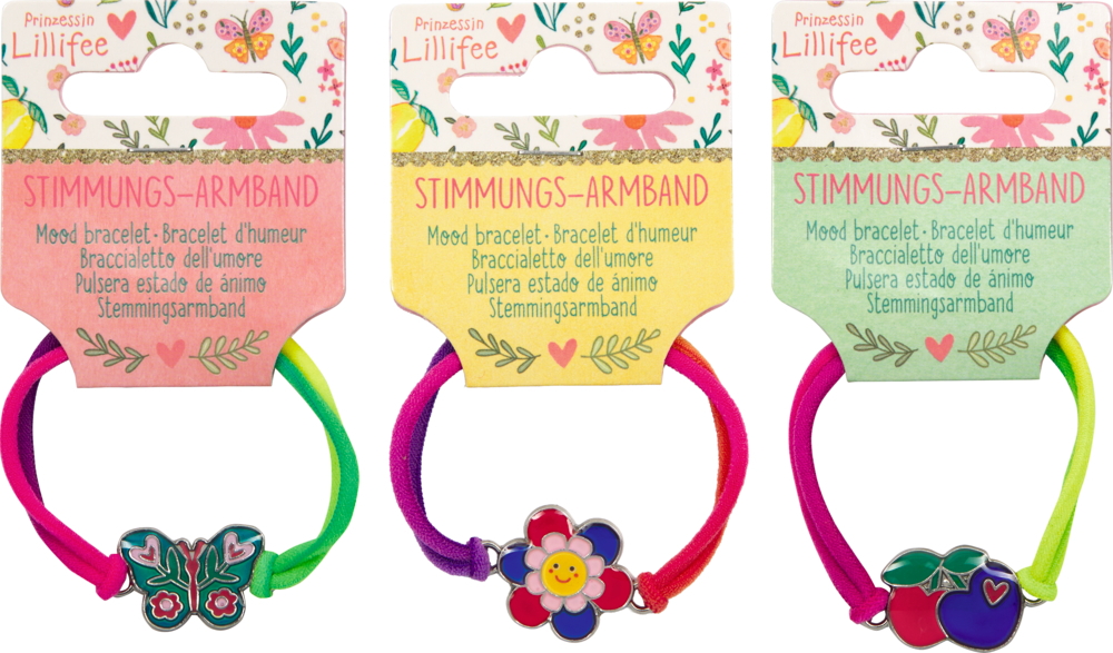 Drei bunte Stimmungs-Armbänder mit Schmetterling, Blume und Kirsche als Anhänger in heller Verpackung mit Aufschrift Stimmungs-Armband.