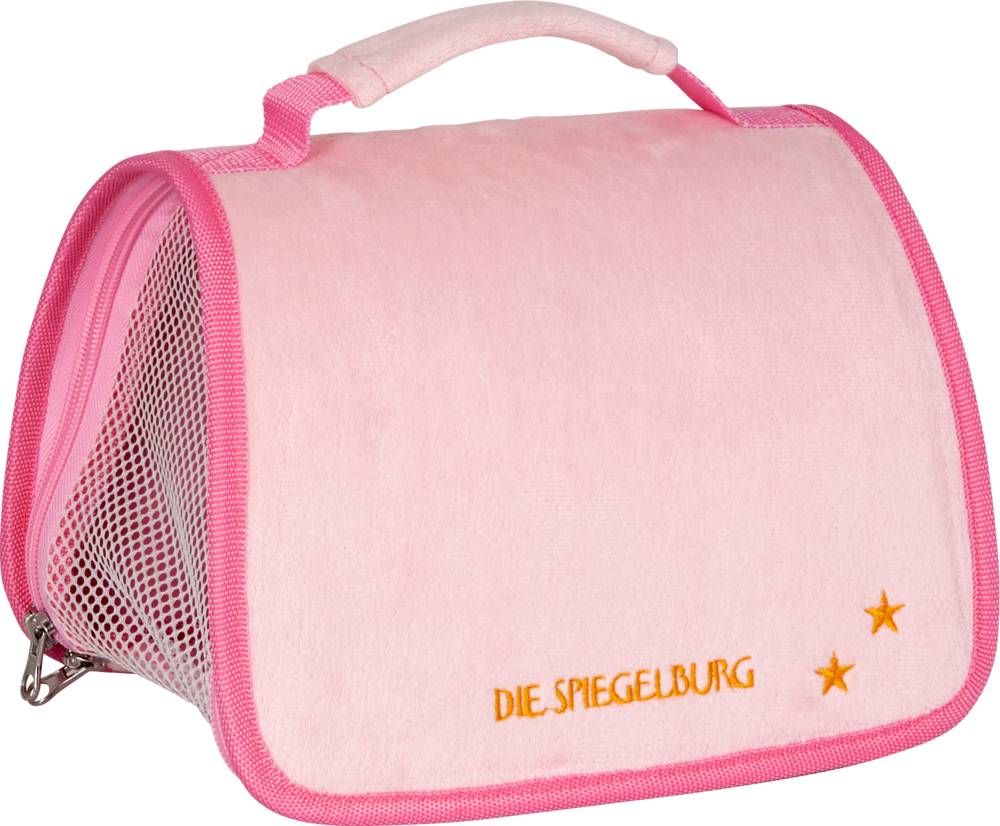 Reisetasche für Plüschtiere, rosa - Lustige Tierparade Rosa Plüsch-Haustiertragetasche mit Netzseiten, zwei gelben Sternen und der Aufschrift „DIE SPIEGELBURG“.