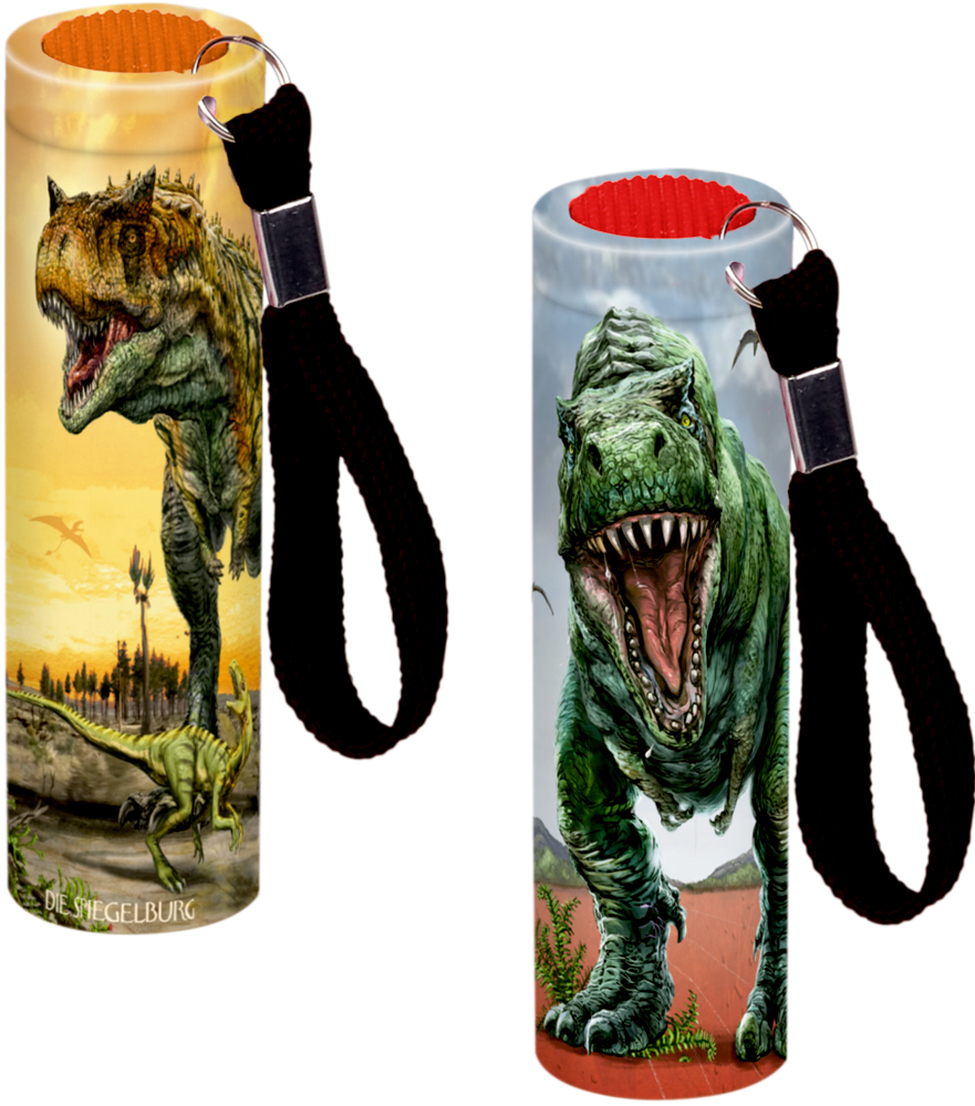 Zwei Taschenlampen mit Dino-Motiven und schwarzen Schlaufen, eine zeigt einen brüllenden T. rex.