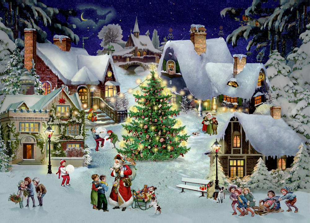 Puzzle: Weihnachten im Dorf - B. Behr (1000 T.) Verschneiter Dorfplatz bei Nacht mit Menschen, dem Weihnachtsmann und einem geschmückten Weihnachtsbaum in der Mitte.