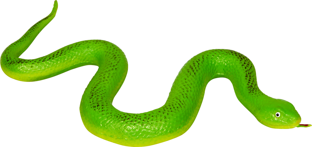 Leuchtend grüne Spielzeugschlange mit schwarzen Flecken und roter Zunge auf weißem Hintergrund.