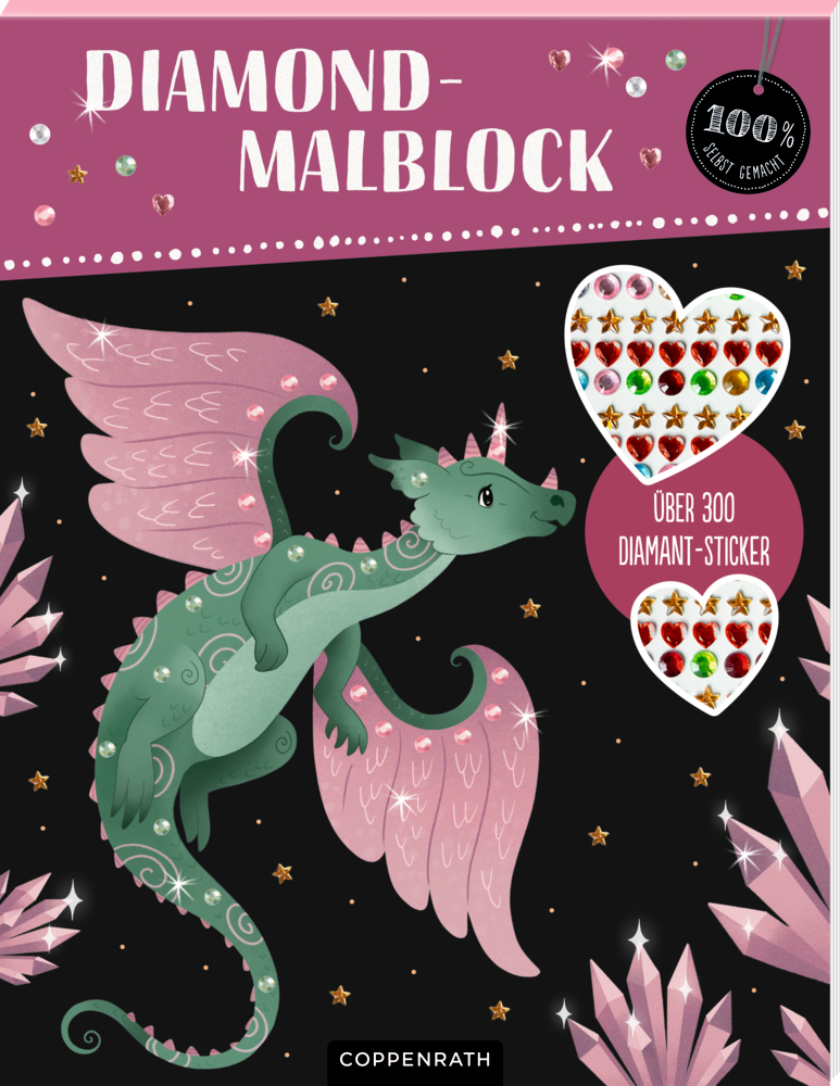 Diamond-Malblock: Fantasy (100% selbst gemacht) Schachtel mit grünem Drachen mit rosa Flügeln zwischen Kristallen und Edelsteinen auf schwarzem Hintergrund.