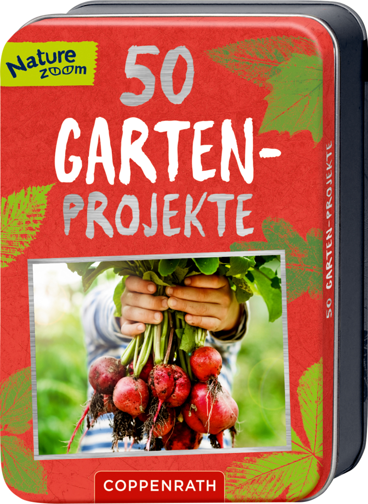 50 Garten-Projekte - Nature Zoom (Blechdose) Blechdose „50 Garten-Projekte“ mit Titelbild: Hände halten frisch geerntete Radieschen.