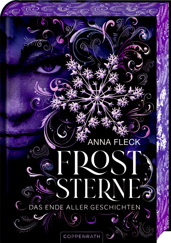 Froststerne – Das Ende aller Geschichten (Romantasy-Trilogie, Bd. 3) Buchcover von Froststerne mit düsteremk, lilafarbenen Gesicht, Schneeflocken und weißen Deko-Schnörkeln.